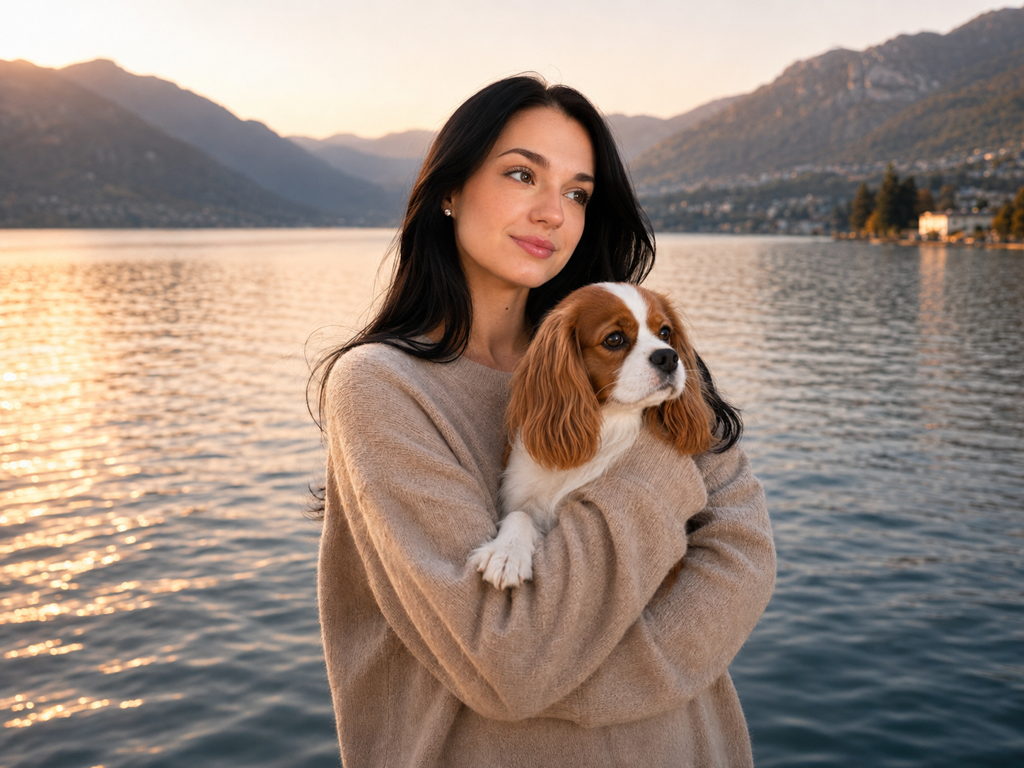 Cliente et son cavalier king charles au bord du lac, au coucher du soleil